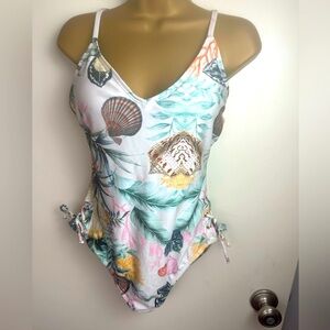 RACHEL Racheal Roy Seashell PalmTree Small LaceUp Sides One Piece Swimsuit NWT L